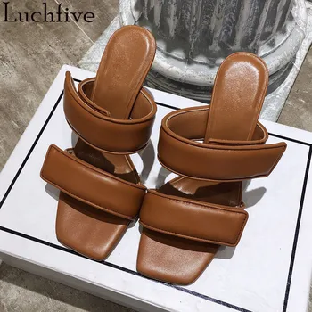 

Genuine Leather Women Slippers Open Toe Shoes Woman Gladiator High Heels Slides Runway Khaki Party Shoes