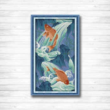 

Fishes leaping animals carp Paintings Counted Print on canvas DMC 14CT 11CT DMS Cross Stitch DIY Needlework Kits Embroidery Sets