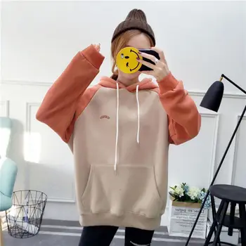 

Loose Women Hoodies Sweatshirts Harajuku Fleece Patchwork Pullover Autumn Winter Casual Coat Rk