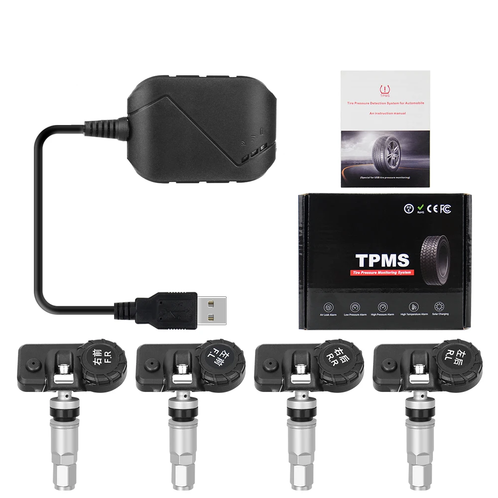 USB Android TPMS Car Tire Pressure Monitor 4 External Sensors 116 psi Monitoring Alarm System 5V Wireless Transmission
