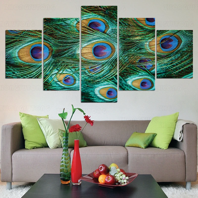 Blue Peacock Feather Modern Wall Art Painting Canvas Prints Poster No Frame 3pcs 
