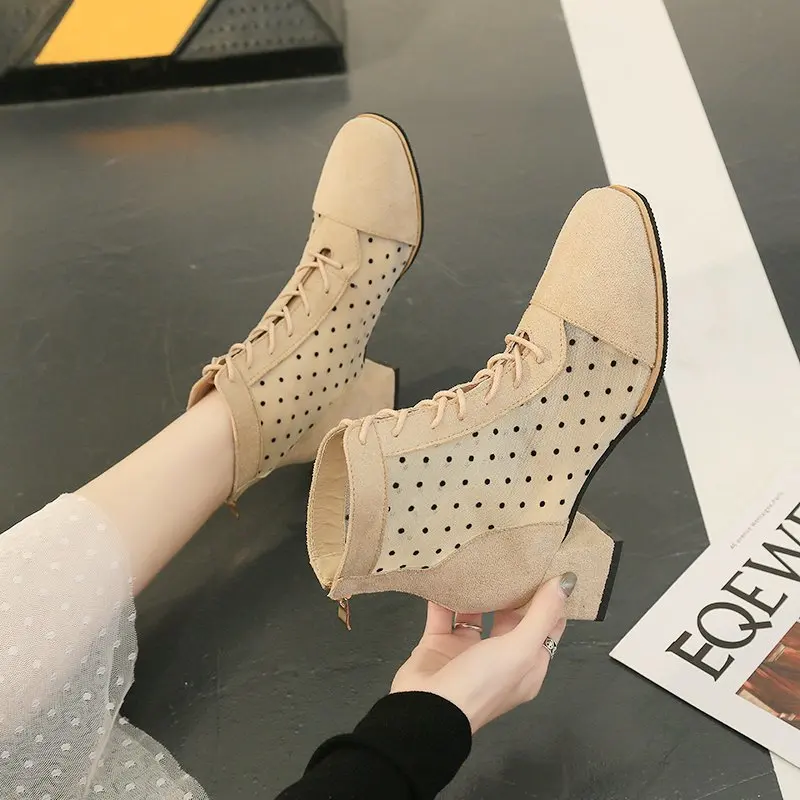 

Women's Boots Net Boots Square Toe High Heel Zipper Boots Sexy Black Lace-Up Square Heel Short Booties Ladies Zapatos de Mujer