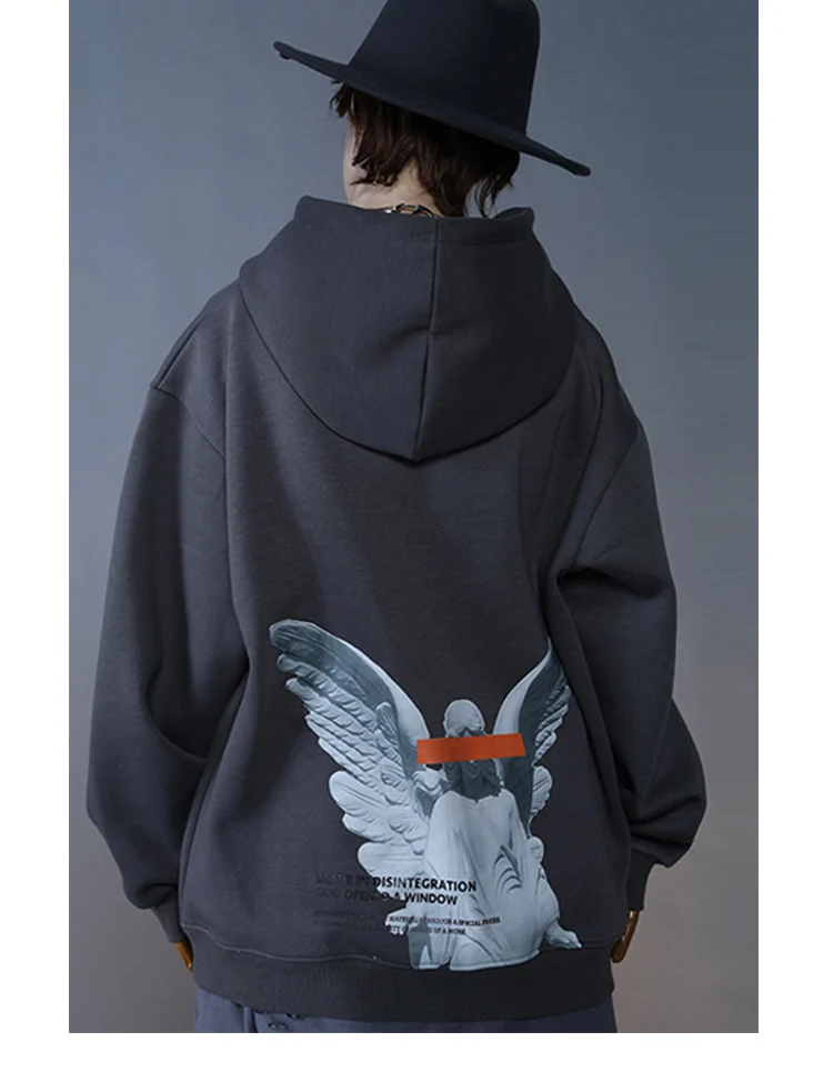 Mens 2021 Hip Hop Streetwear Harajuku Pullover Angel God Printed Hoodie Pocket Cotton Fleece Pullover Grey Hooded Sweatshirt