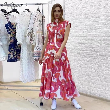 

Ailigou Sexy High Quality Retro Elegant Red Printed Cotton Linen Sleeveless Button Holiday Long Dress Beach Party Paris Fashion