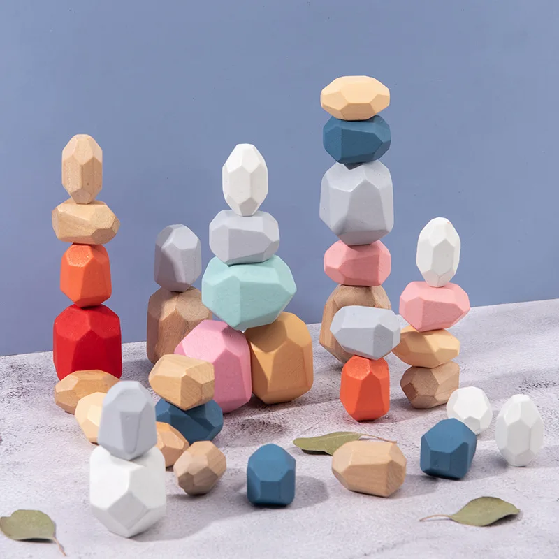 Sorting Puzzle Large Small Colorful Rocks Blocks Balancing Game Educational Toy for Girls//Boys//Kids 36 Pcs Wooden Stone Stacking Building Block Board Game Toys