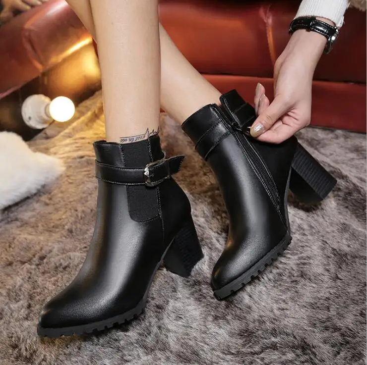 

New Square High Heels Ankle Boots for Women Shoes New Winter Boots Female Platform Zipper Ladies Shoes Woman Black Leather Boots