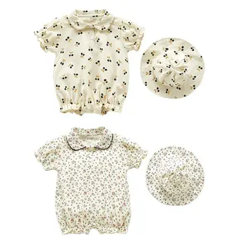 

2Pcs Baby Girl Boy Rompers Hat Set Cotton Cherry Flowers Jumpsuit Cap Clothes Infants Outfits Clothing Gifts photography props