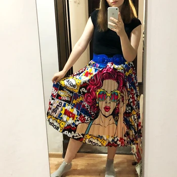 

European style Ladies Skirt Pleated Satin Floral OrangeCartoon Character Summer Printed High waist A-line Long skirt Boho