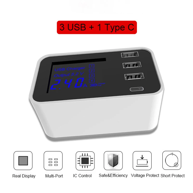 Светодиодный дисплей 3 порта Usb зарядное устройство с тип-c для samsung Iphone Ipad Быстрый планшет 5 V/4A зарядный адаптер телефон Универсальный(ЕС штекер