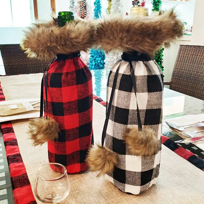 

2019 New Christmas Decorations Red Wine Bottle Set Kitchen Santa Sacks Buffalo Plaid Home Decoration Accessories Fathers Day