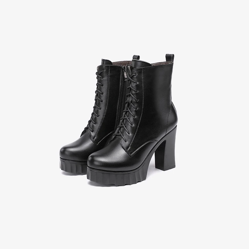 

Lace Up Split Leather Shoes 2020 Women Motorcycle Booes Fashion High Heels Platform Shoes Black Autum Winter Boots Ankle Boots