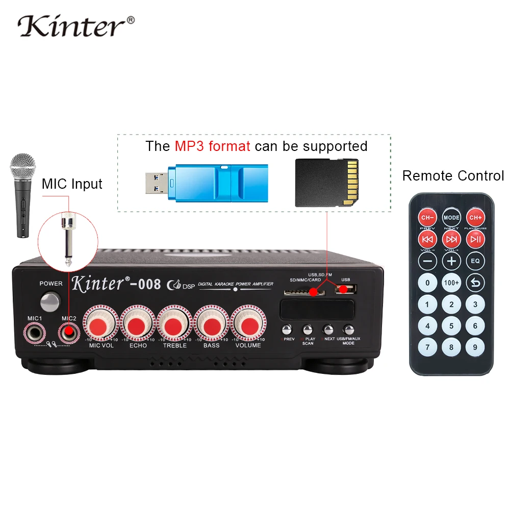 Kinter-008 домашний hifi усилитель аудио 2 0 канал 30 Вт Питание AC 220 В USB SD карта вход