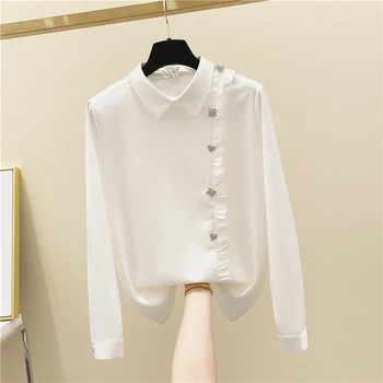 

Ruffles Blouses Women's Diamond Shirt 2020 Spring New White Chiffon Shirt Women's Tops Blusa Mujer Blusa Feminina Nancylim