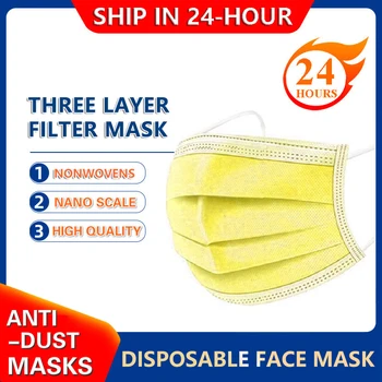 

10/50/100/500pcs Disposable Yellow Face Mask 3 Layers Antidust Breathable Gauze Mask With Elastic Earband Adult Face Mouth Masks