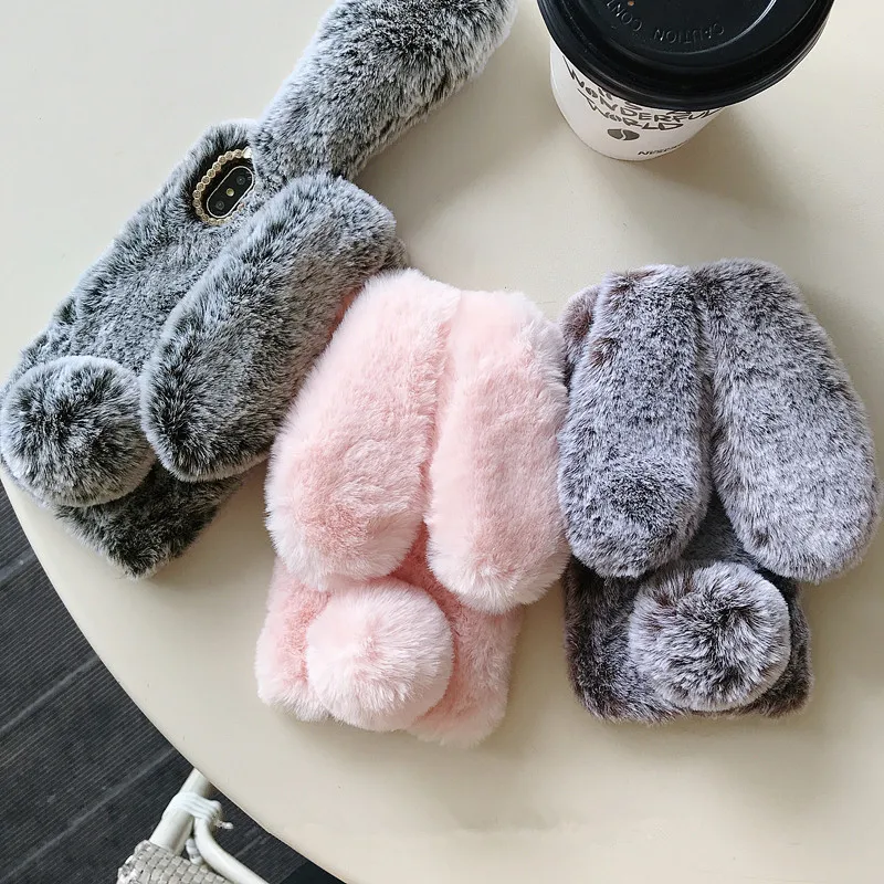 

Cute 3D Rabbit Ears Fur Plush diamond Phone Case For Samsung Galaxy A3 A5 A7 A6 A8 J3 J5 J7 J8 J4 J6 Plus case Cover coque soft