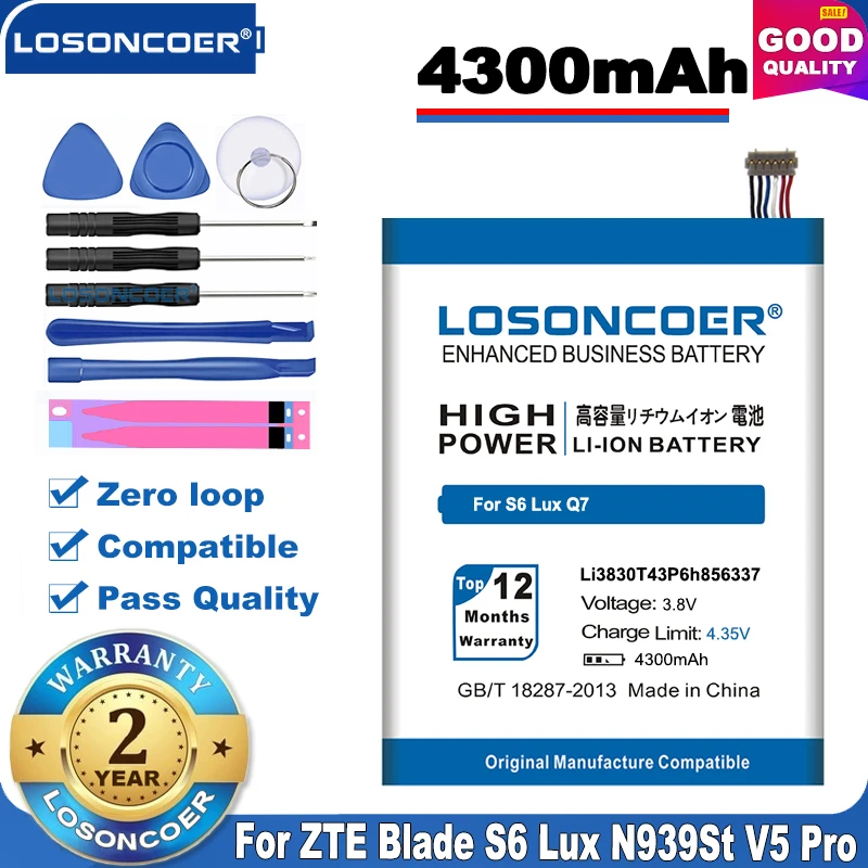 100% Оригинальный аккумулятор LOSONCOER Li3830T43P6h856337 4300 мАч для ZTE Blade X9 A711 S6 Lux Q7/ C N939SC N939St V5