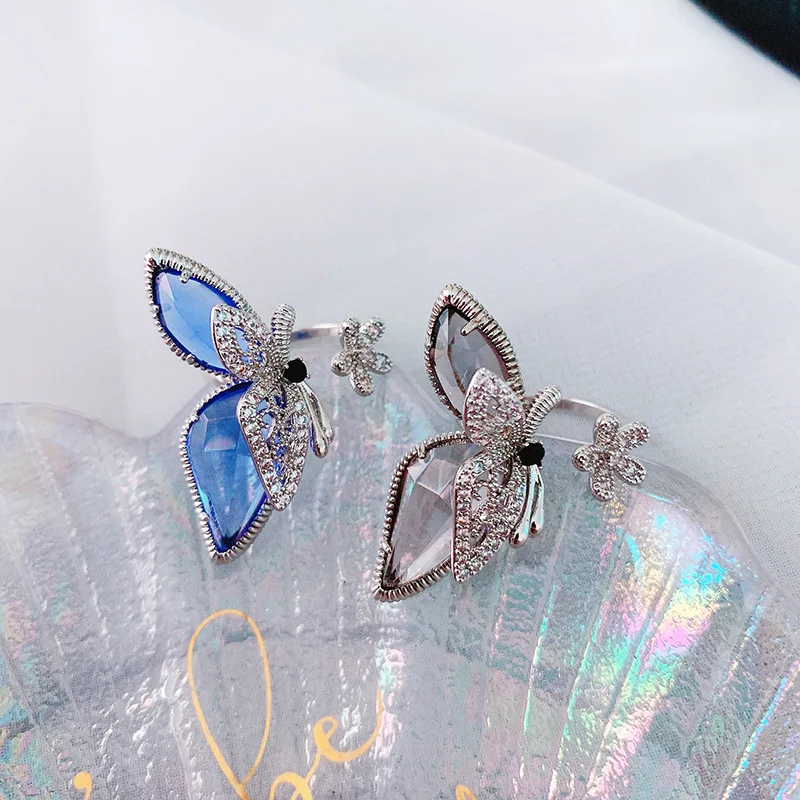Statement Big Flower Butterfly Open Rings Women New Trending Crystal Jewelry Adjustable