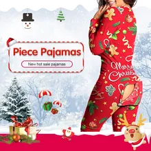 Sexy Pyjama Women V-neck Jumpsuit Suit Front Back Butt Bum Open Ass Flap Print Jumpsuit Loungewear Christmas Buttoned Sleepwear