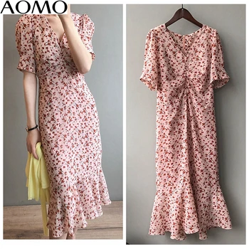 

AOMO summer fashion women French style print dress 2020 short Sleeve v neck Ladies elegant midi Dress Vestidos ASF51A