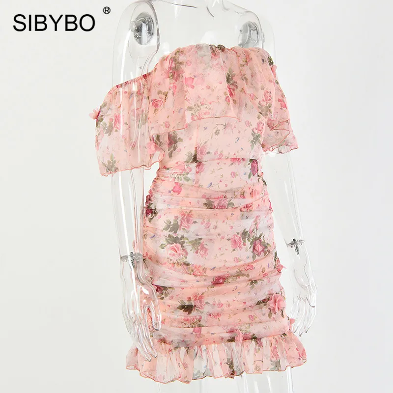 SIBYBO/сексуальное облегающее платье с цветочным принтом и открытыми плечами, шифоновое мини-платье с оборками без бретелек, женские пляжные короткие вечерние платья с открытой спиной