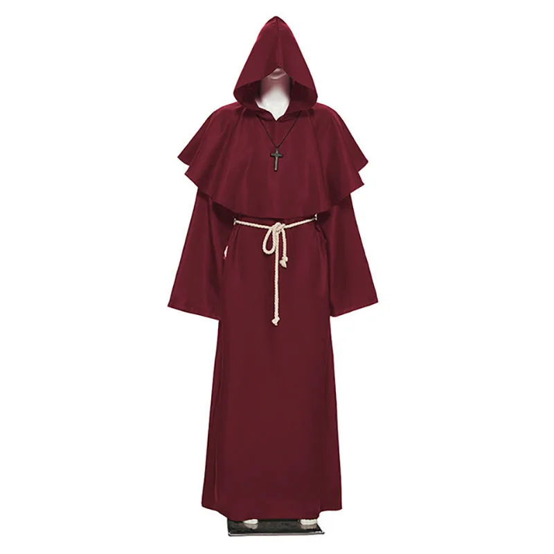 Костюм средневекового монаха, церковного духовенства, мужской костюм для косплея, костюм ведьмы, попа с капюшоном, накидка, христианский плащ, наряд на Хэллоуин для взрослых - Цвет: Red