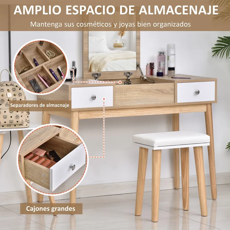 Set tavolo trucco e toeletta con specchio rotondo e 8 lampadine
