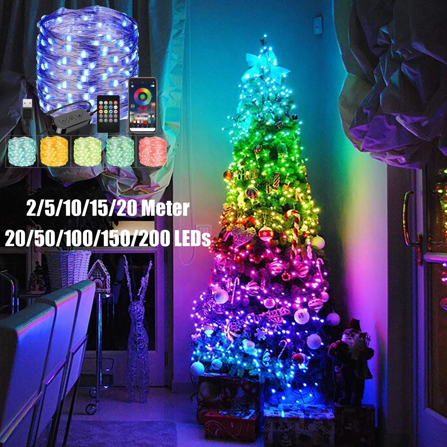 

Remote USB LED String Light Bluetooth App Control String Lights Lamp Waterproof Outdoor Fairy Lights for Christmas Tree Decor