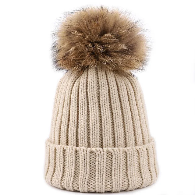 Beige НОВАЯ шапка с помпоном из натурального меха Одноцветный полосатый Дамский вязаная шапка зима теплая женская зимняя шапка Повседневная bean pompom Лыжная маска - Цвет: Beige