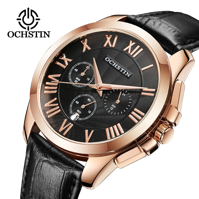 

Ochstin/Augustus Deng 059 Rome Measuring Three-Eyed Multi-functional Watch Waterproof Leather Belt Business MEN'S Watch