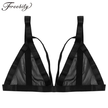 

Women Black Bra Mesh Semi-transparent Lingerie Bra Elastic Wide Straps Deep V Neck Bralettes Female Hollow Out Bikini Bra Top
