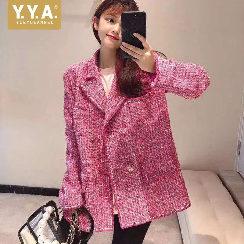 

Autumn Short Coat Women Pink Brand Elegant Double Breasted Tweed Jacket Female Streetwear Loose Fit Office Outerwear S-L