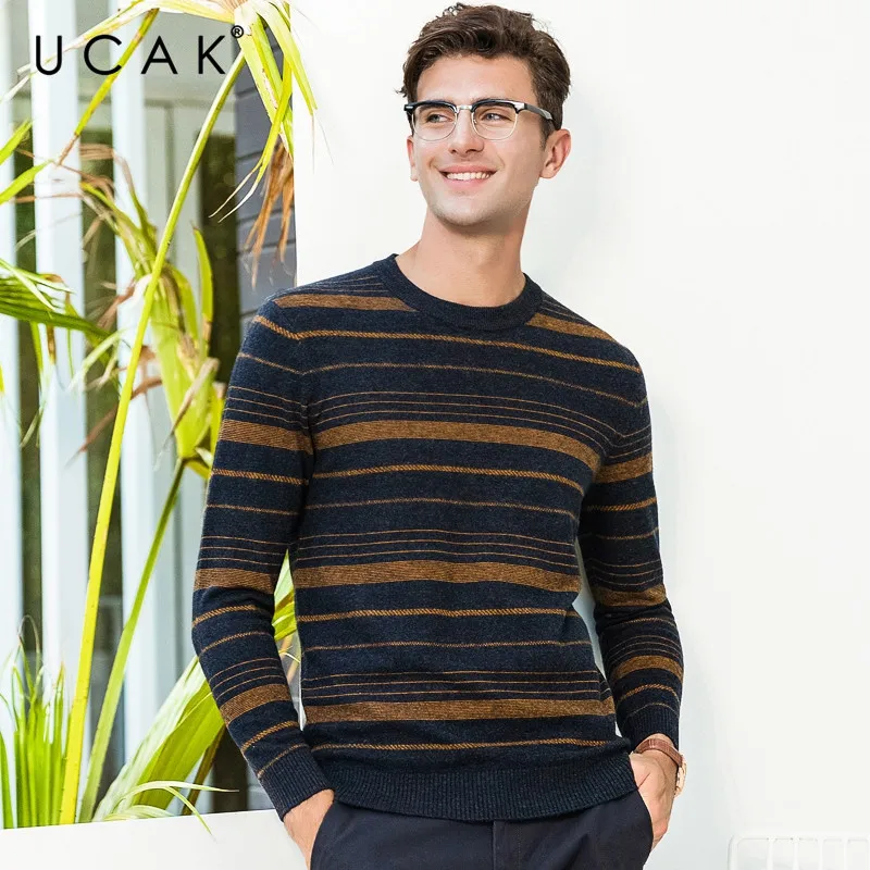 Great Value UCAK Brand Pure Merino Wool Sweater Men Fashion Striped Pull Homme Autumn Winter Thick Warm Cashmere Sweaters Pullover Men U3068