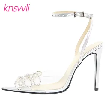 

Rhinestones Bling Bowknot High Heel Women Pumps Clear PVC Ankle Buckle Strap Women Sandals Stiletto Runway Party Shoes Woman