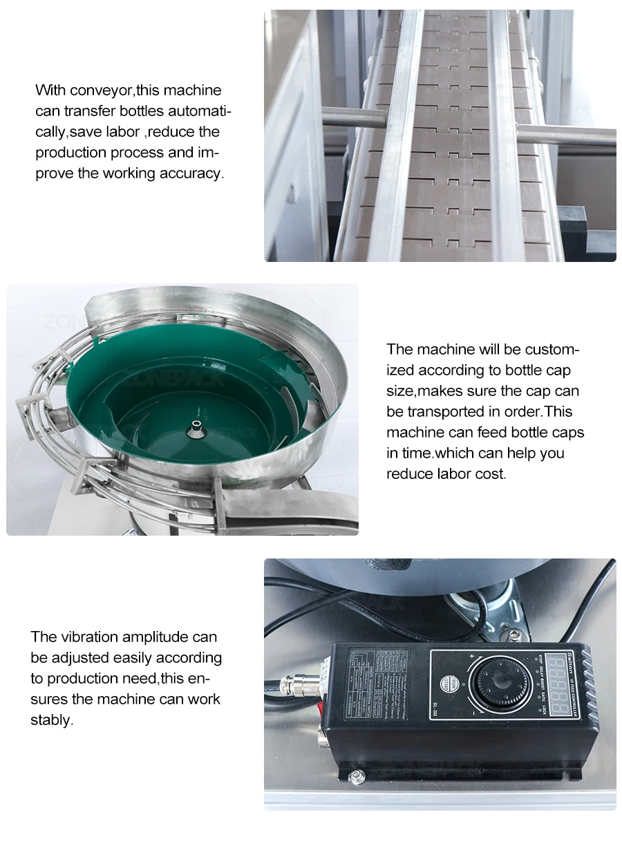 ZONEPACK ZS-XG1870V Automatic Custom Tabletop Beverage Plastic Bottle Cosmetic Jar Cap Feeding And Capping Machine Vibratory Feeder