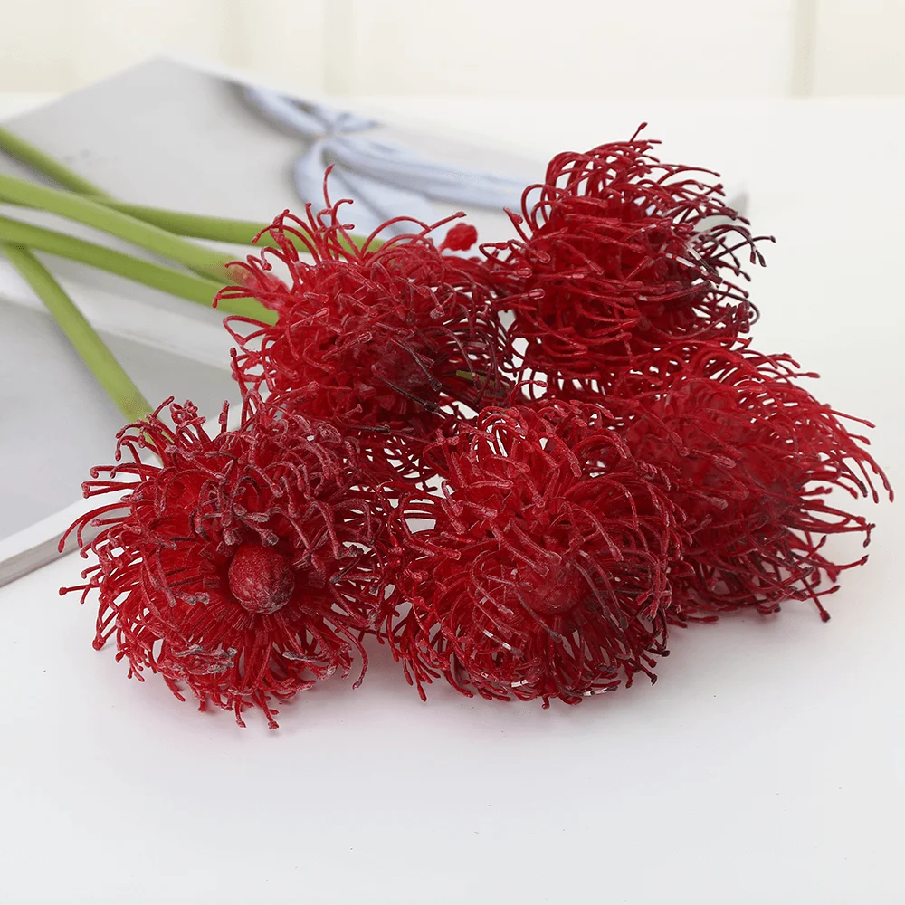 Пластиковая открытая игла Protea Flower Spray с длинным стволом искусственные тропические Pincushion Faux Leucospermum в 4 цветах-2" высокий - Цвет: red