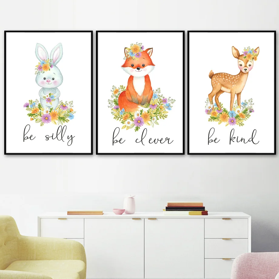 Картина на холсте с изображением милой лисы медведя оленя Совы кролика настенные