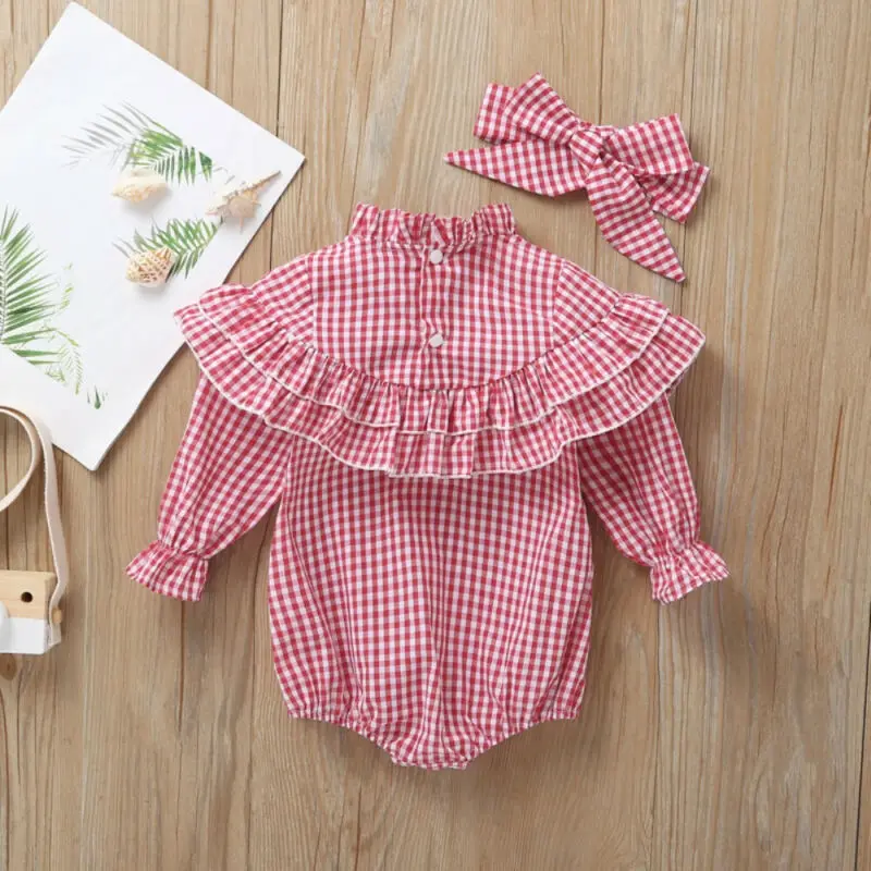 Baby Girl Bodysuit Toddler Newborn Autumn Clothes Long Sleeve Red Black Plaid Ruffle Jumpsuit Clothing Headband Outfits