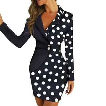 

Formal Dress Women Elegant Long Sleeve Buttons Polka Dot Patchwork Bodycon Party Dress Blazer Work Dresses Woman Vestido #YL10