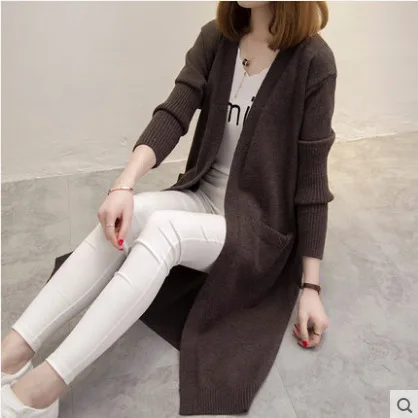 coffee Neploe V шеи длинный вязаный кардиган Femme корейский Свободный Однотонный свитер женский Осень Зима длинный рукав тонкий Pull Femme 46320 - Цвет: coffee