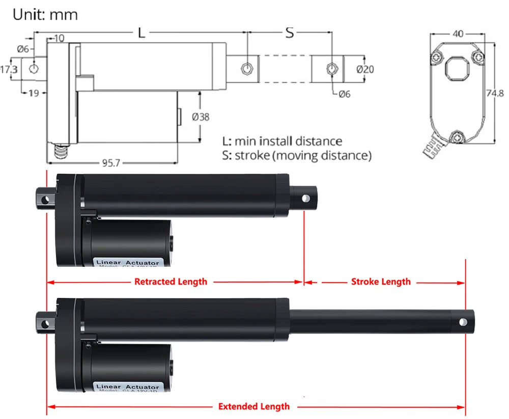 linear elétrico 50-250mm controlador linear do motor
