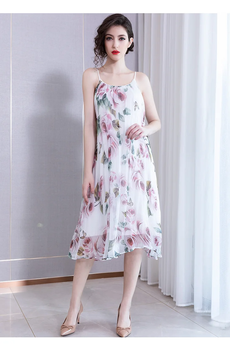 real silk dresses women natural silk high quality girls work boho white floral suspender dress slim plus size free ship