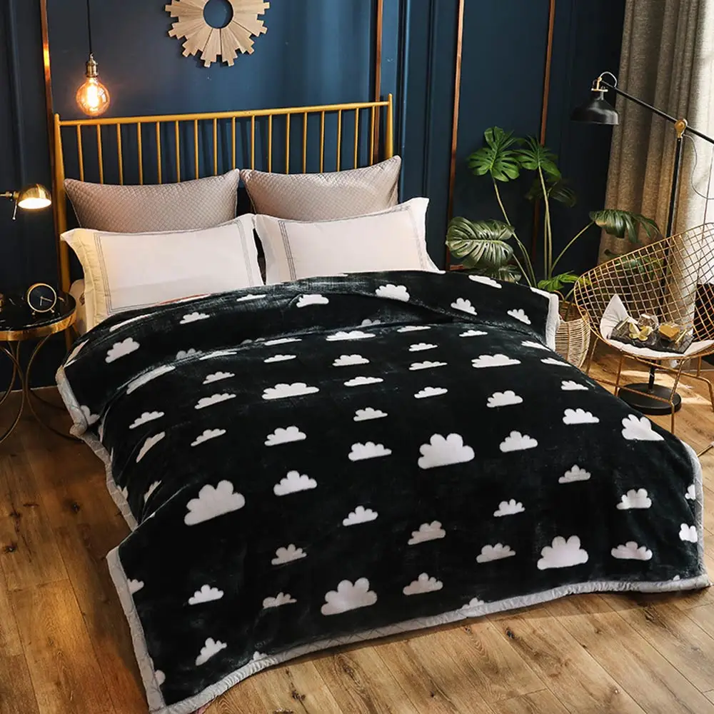 

2019 Fashion White Clouds Black Double-side Winter Thick Raschel Blankets Twin Full Queen Size Polyester Bedsheet Linens
