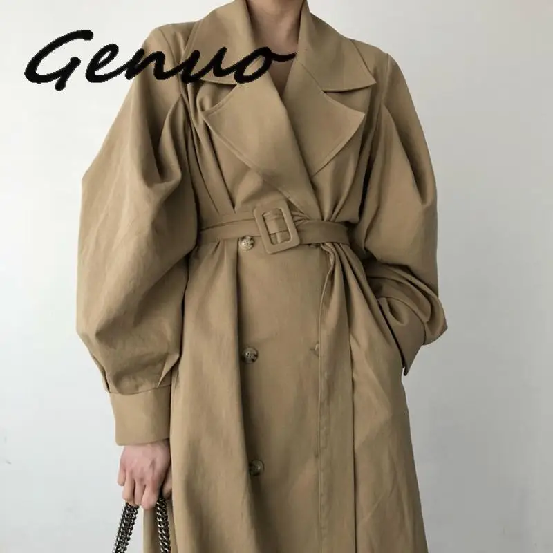 Genuo Новинка, модная однотонная свободная ветровка выше колена, двубортная, с поясом, с отворотом, элегантная, офисная, для девушек