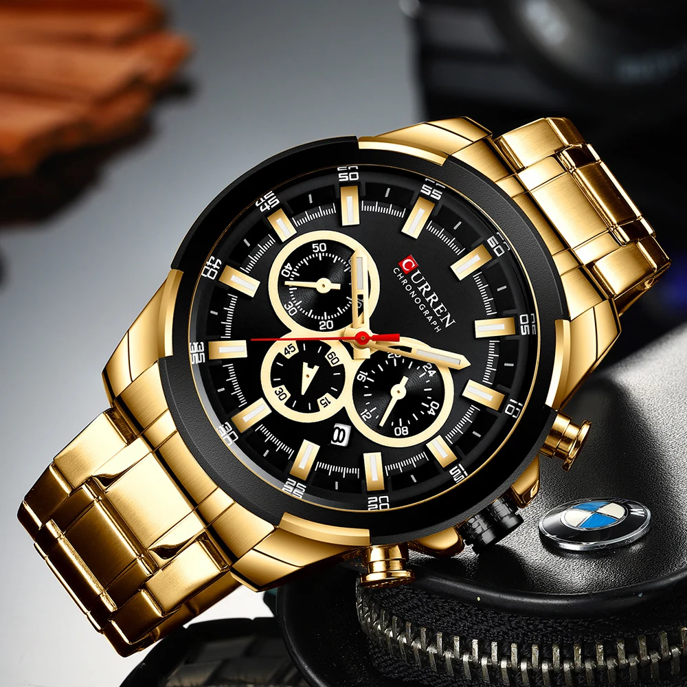 CURREN новая сверхмодная Повседневное Часы из нержавейки Для мужчин кварцевые наручные часы с хронографом бизнес световой часы мужской