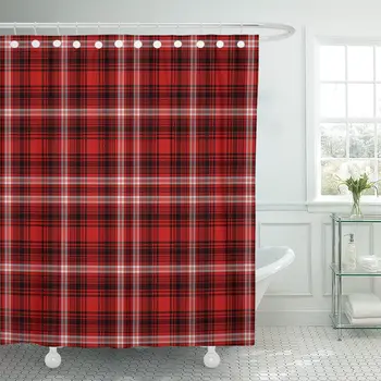 

Flannel Red White Black Plaid Christmas Pattern Scottish Cabin Shower Curtain Waterproof Fabric 72 x 78 Inches Set with Hooks
