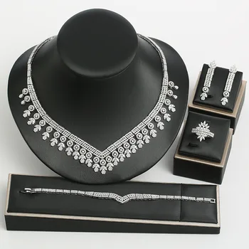 

Accking Luxury Trendy cubic zirconia bride necklace ,drop earrings ,bracelet and ring 4pcs dubai full jewelry set