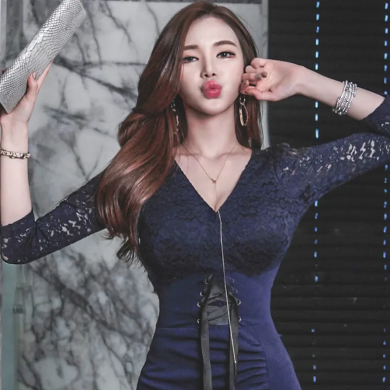Осень 3/4 рукав кружева лоскутное длиной до колена Bodycon Vestidos оболочка v-образным вырезом сексуальное темно-синее платье с галстуком