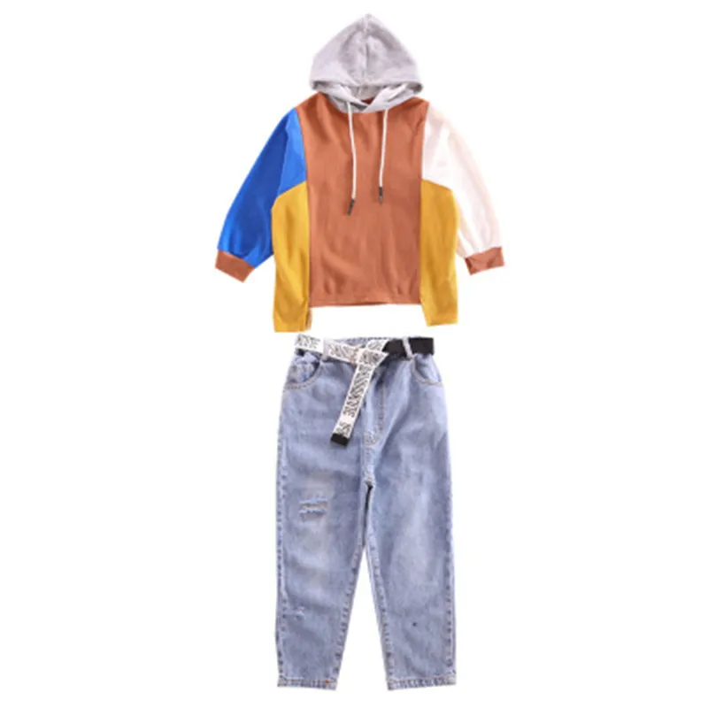 Комплекты одежды для девочек, детские красочные кофты с капюшоном и рисунком+ джинсовые штаны, детский спортивный костюм из 2 предметов для маленьких девочек, повседневный комплект, детская одежда - Цвет: Многоцветный