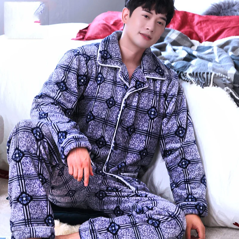 Коралловый флис мужская пижама мужского осенне-зимнего термобелья утепленный комплект с героями мультфильмов, с принтом Фланелевая Пижама 2 шт./компл. Топы+ теплые штаны, домашняя одежда