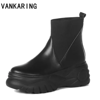 

black genuine leather platform boots women round toe chelsea boots women solid designer ankle women's boots casual shoes woman